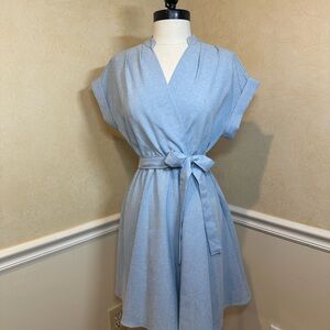 BEST Light Blue Surplice Faux Wrap Dress with Tie Belt